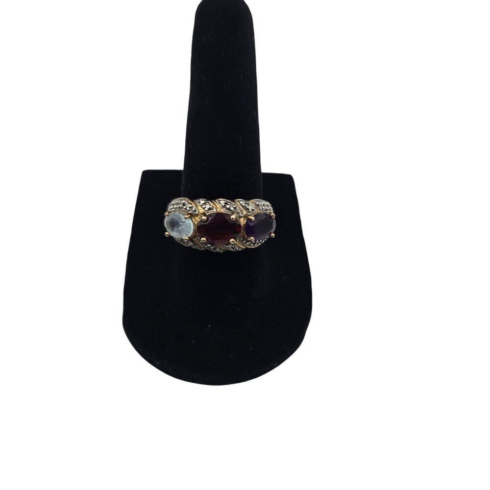 Gold Plated Sterling Silver Ring Sze 7 Amethyst Garnet Blue Topaz Diamond Accent